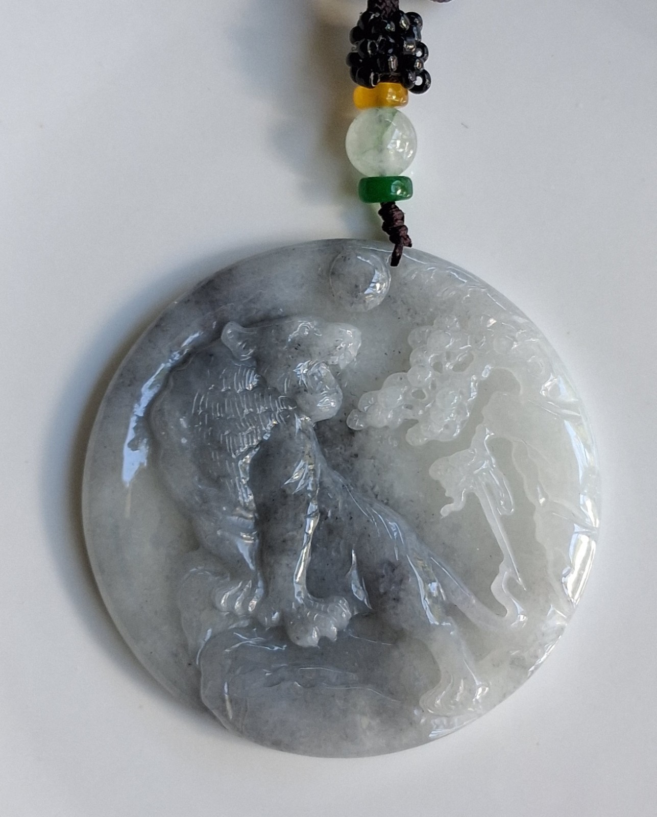 Natural Gray White Jade Round Carved TIGER Pendant Necklace on Cord w/Beads 56mm