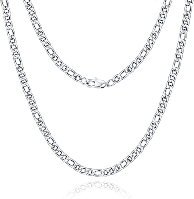 🔥🔥18K Gold Plated Figaro Chain, Silver Color Chain | 316L SS, 20in, 7.0mm🔥🔥