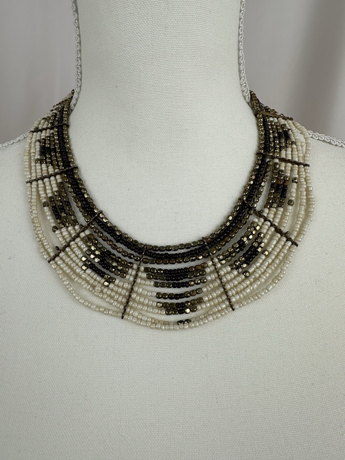 Bohemian tribal multistrand seed bead necklace collar tones gold black cream