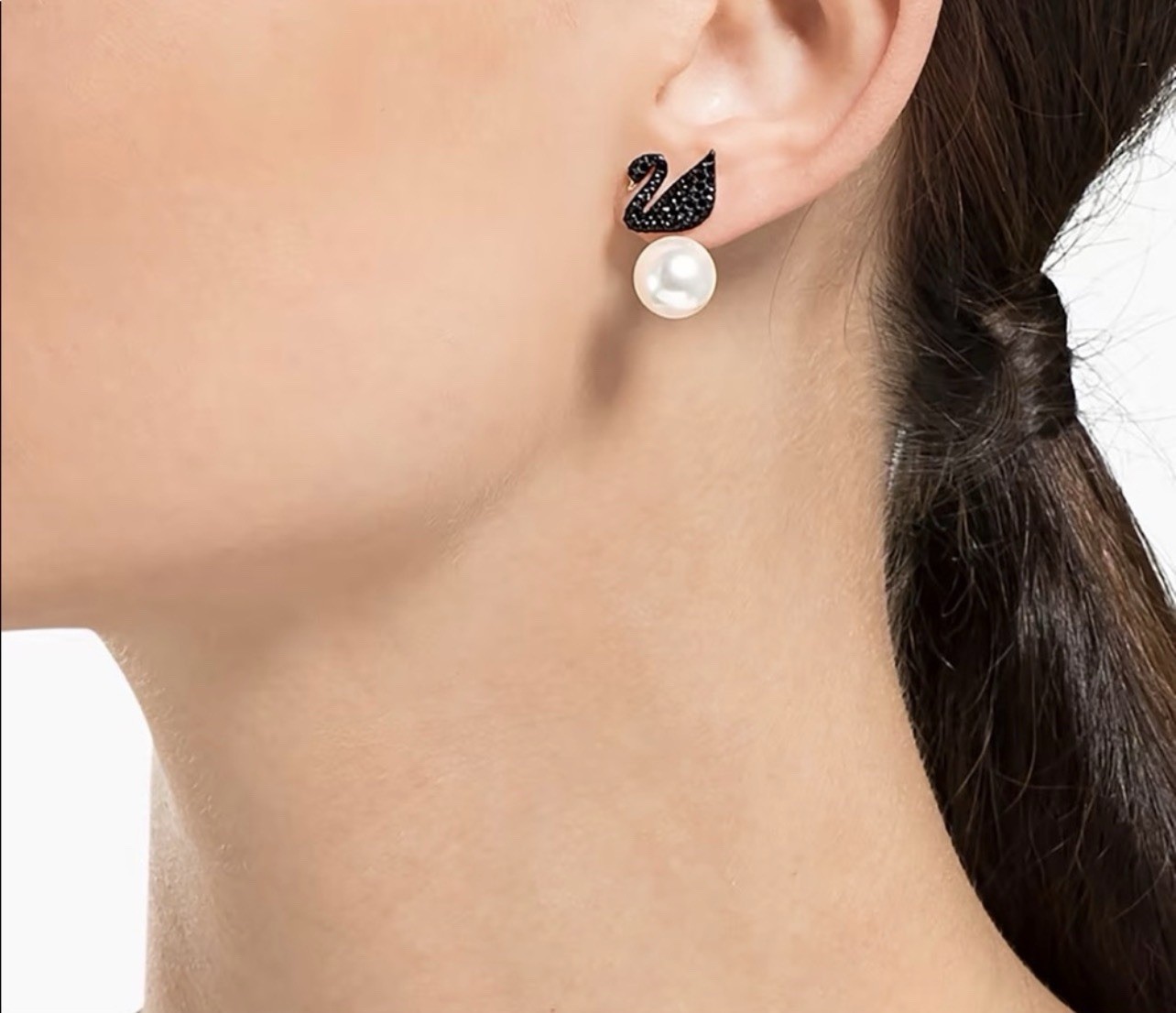 Swarovski Iconic Swan Jacket Stud Earrings Black Crystal Simulated Pearl w Box