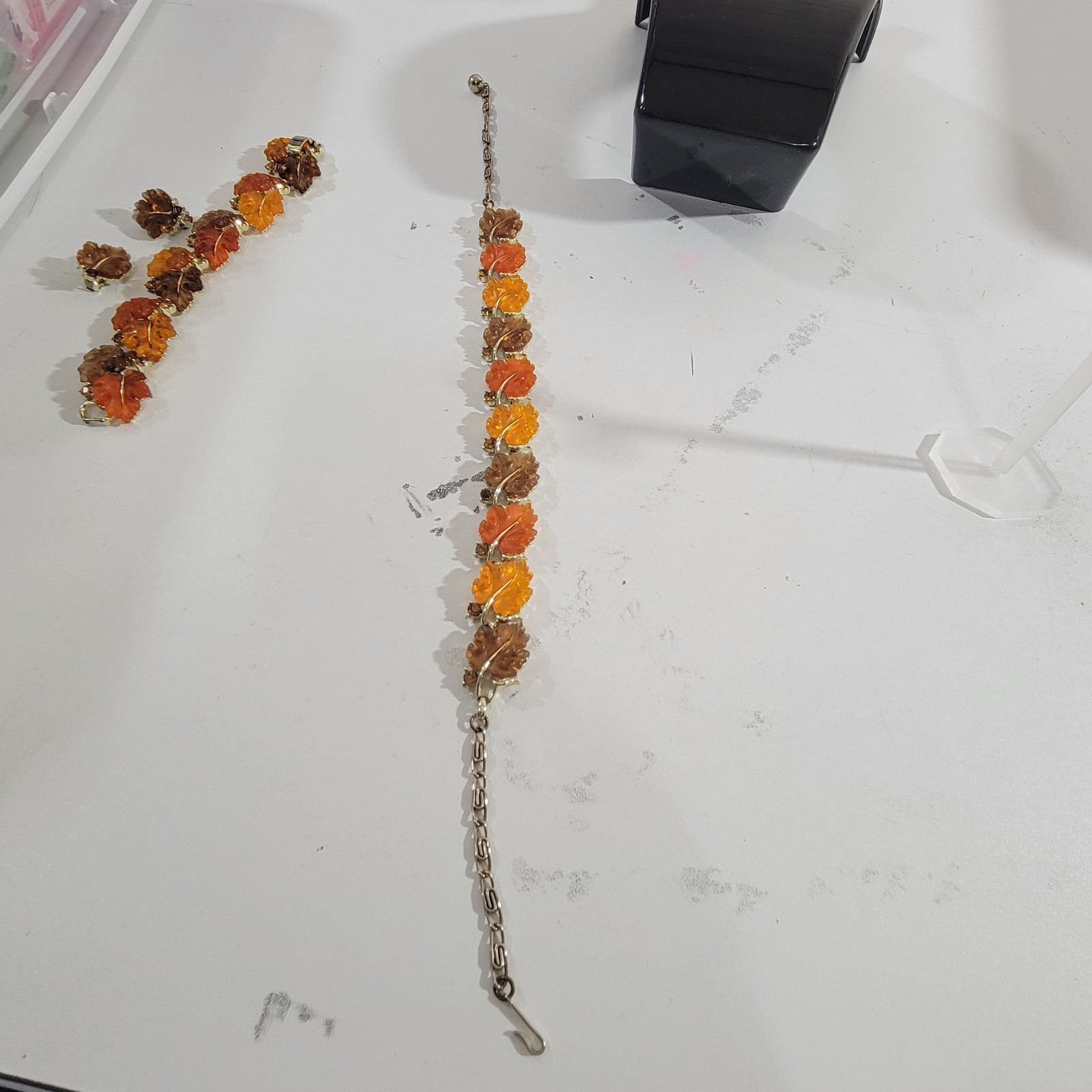 Lisner Autumn Leaf Lucite Rhinestone Set Amber Topaz Necklace Bracelet Earring
