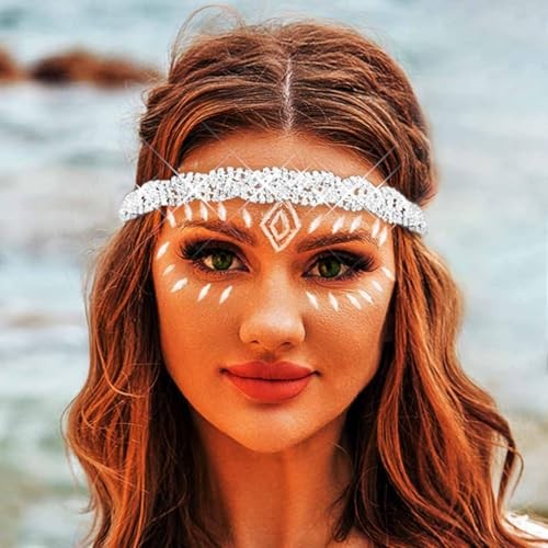 Silver Elastic Rhinestone headbands Boho Sparkly 1 Count (Pack of 1) Silver A