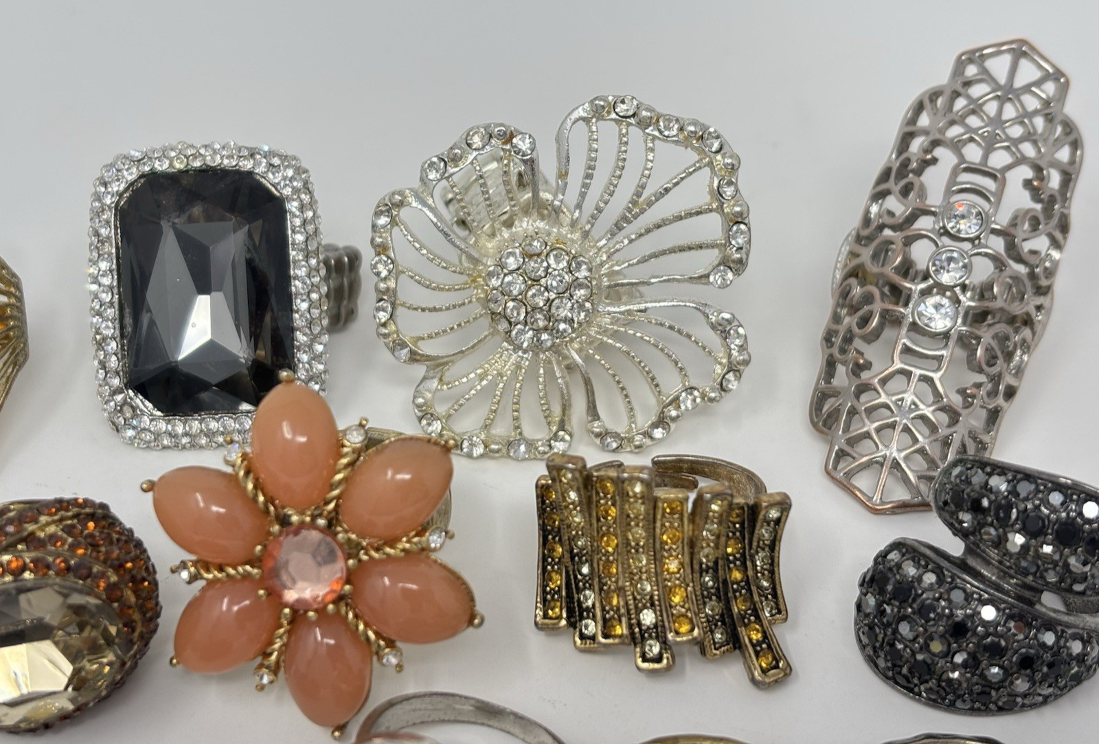 Rhinestone Cocktail Statement Costume Ring lot (15) Rings Mixed Flower Oversized