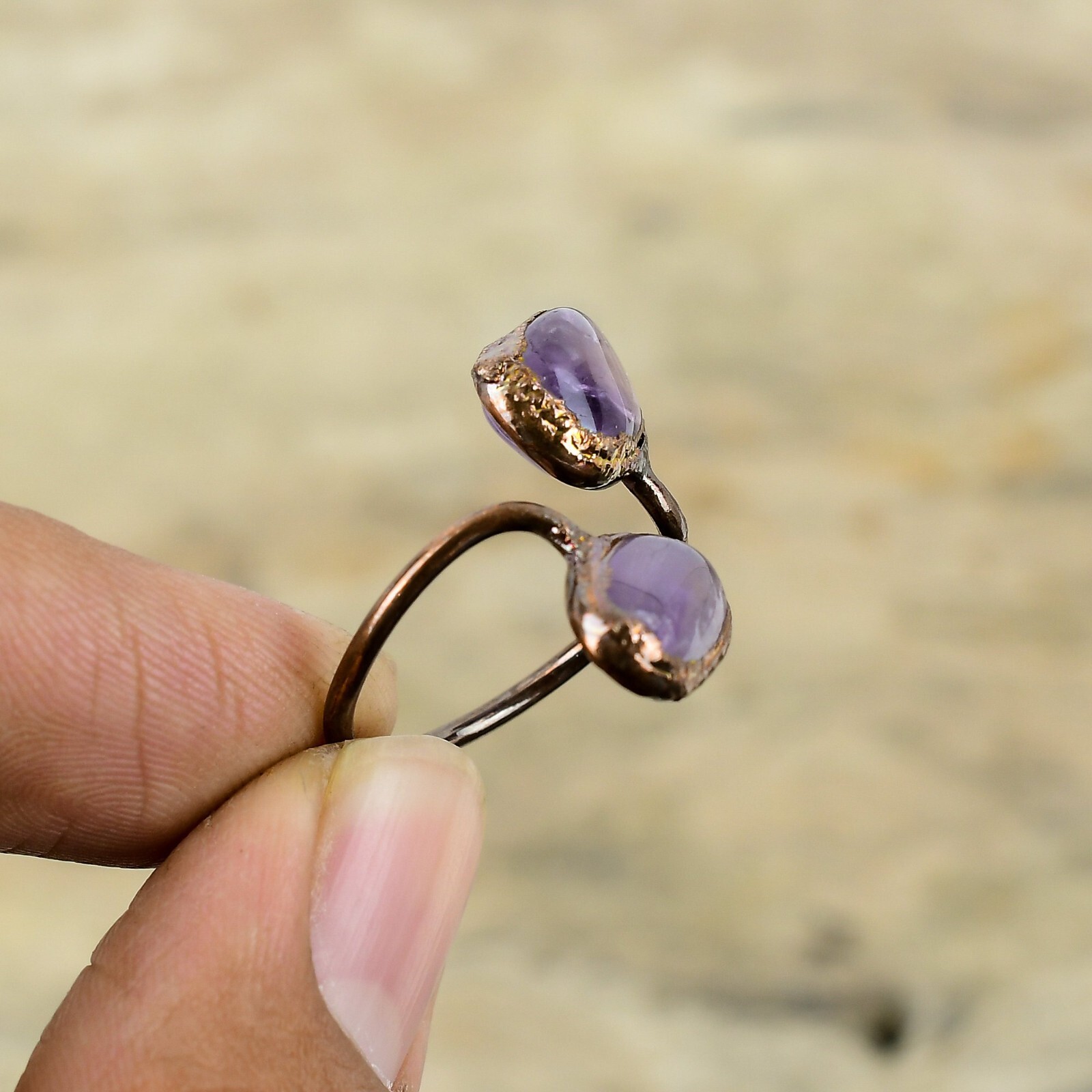 African Amethyst Copper Electroformed Stackable Adjustable Ring Size Adjustable