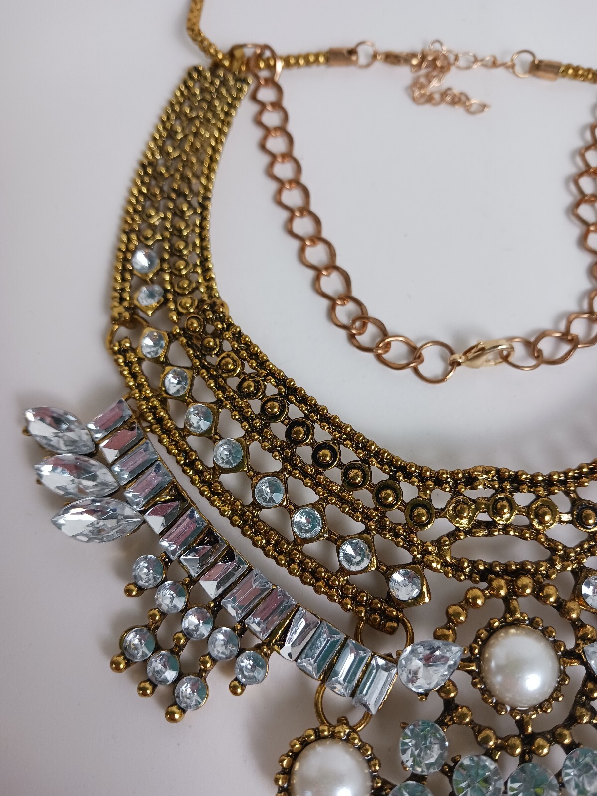 Gorgeous Brass Tone Statement Necklace Faux Pearl And Cubic Zirconia Chocker