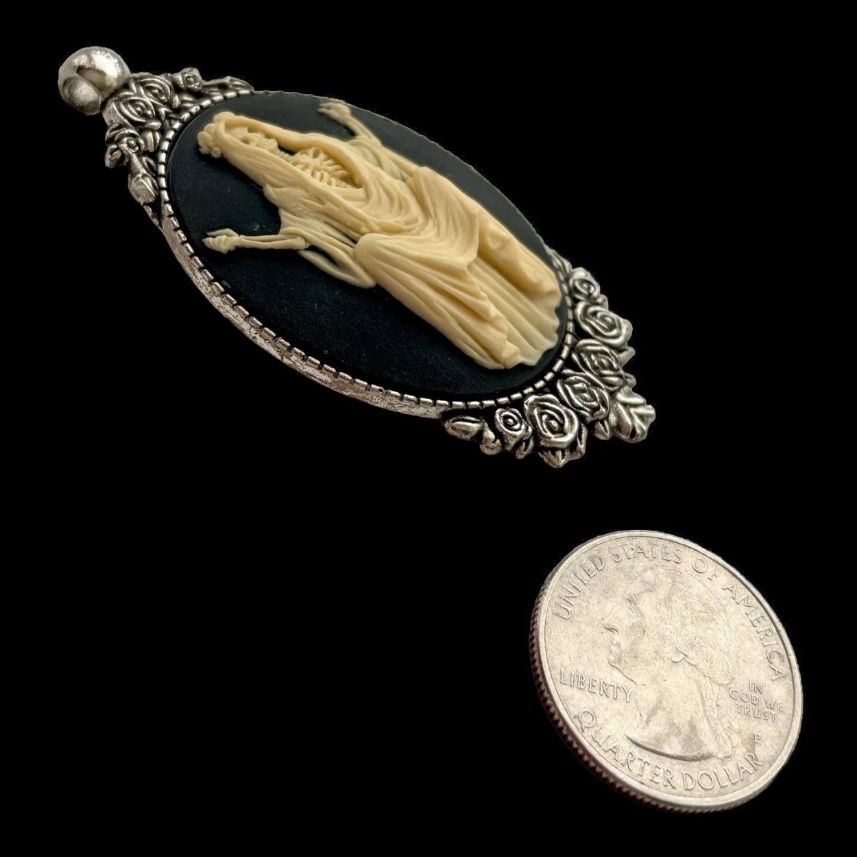Santa Muerte Cameo Necklace Vintage Pendant, Ivory on Black, Antique Silver pltd