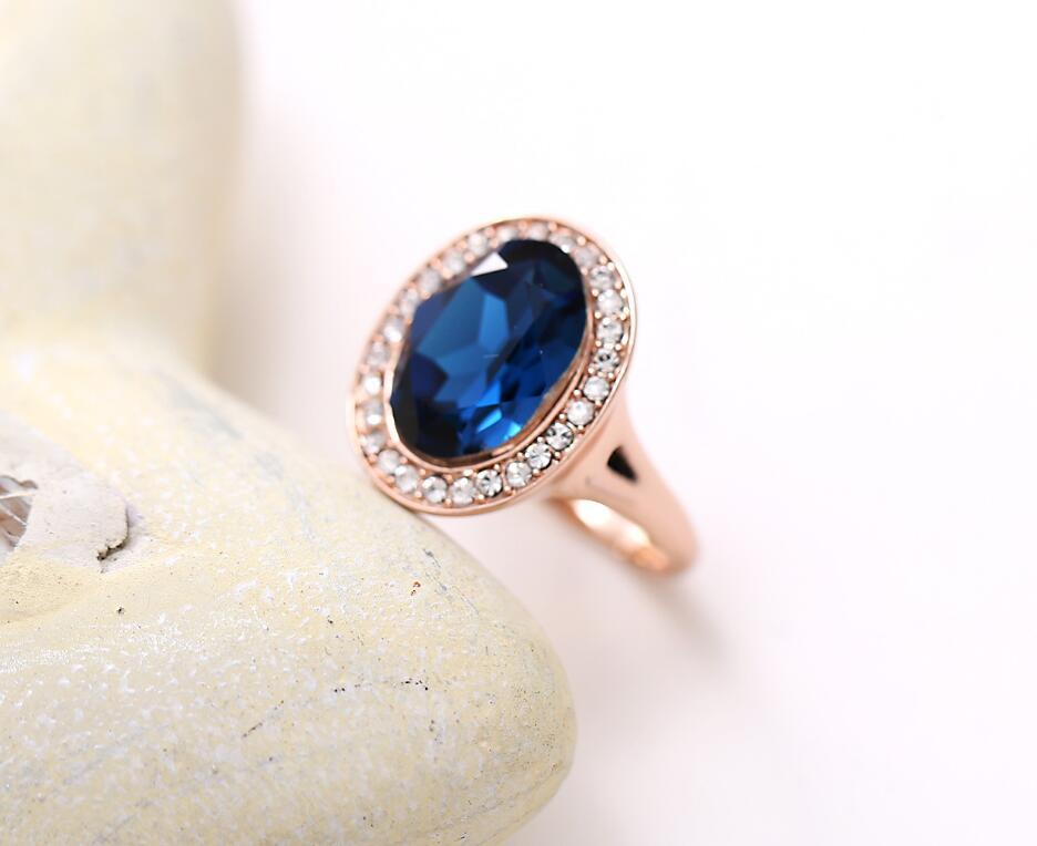 Rose Gold Plated Oval Sapphire Emerald Citrine Rhinestone Halo Engagement Ring