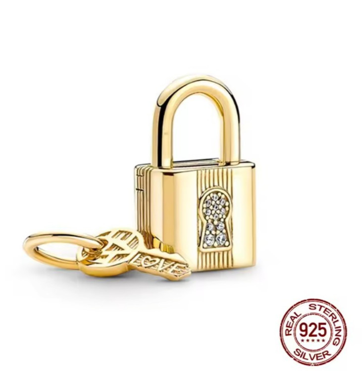 Gold over Silver Lock & Key Heart CZ Dangle Open Charm Bead Pendant Necklace Set