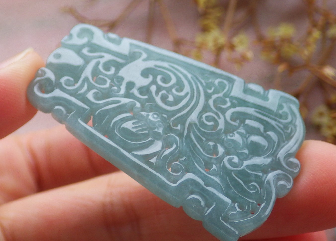 1Pcs Green Burma 100% Natural A Jade jadeite Pendant Dragon Bat Ruyi 生意兴隆 735470