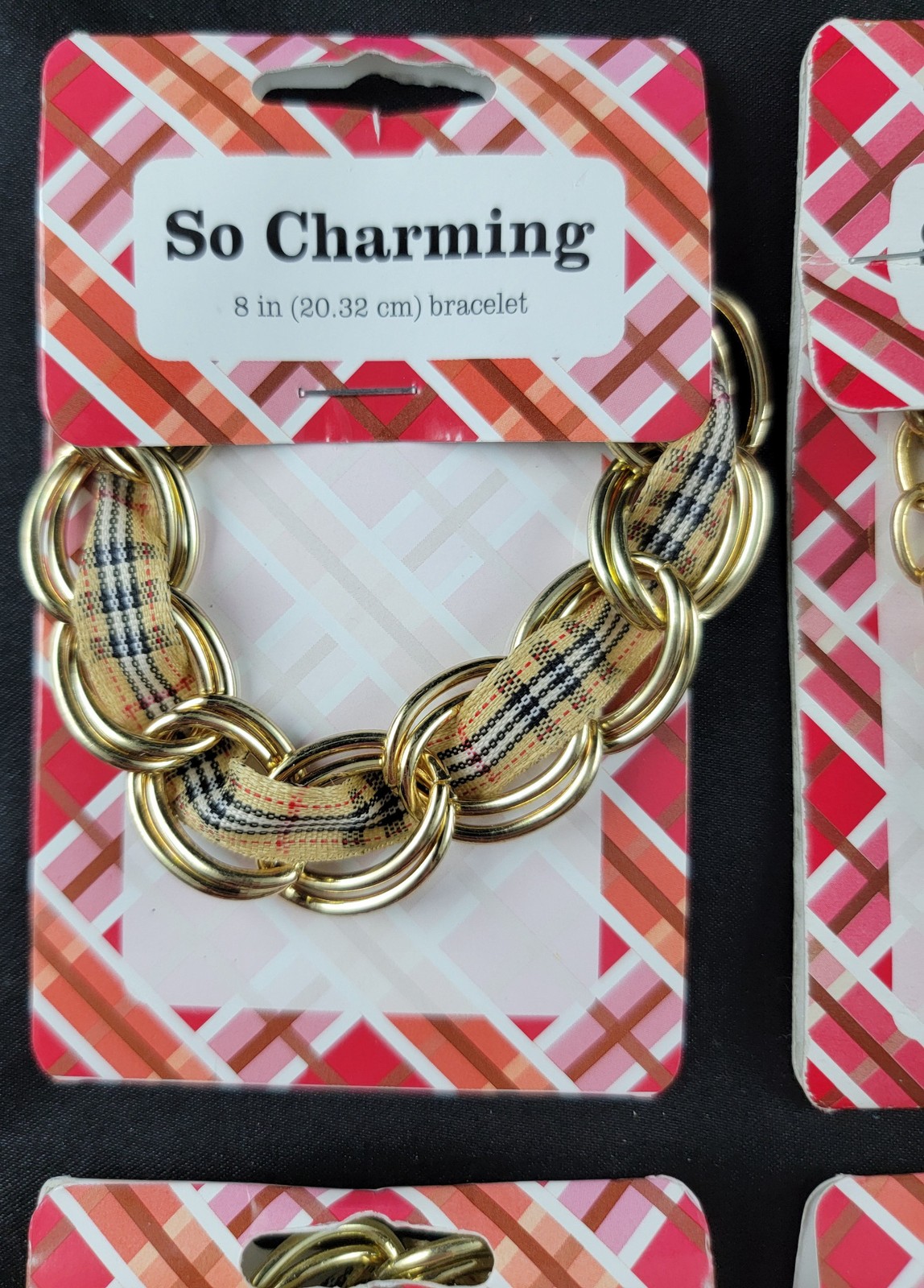 Vintage So Charming Bracelet Lot of 4 NOS Gold Tone Tartan Fabric Chain Loop