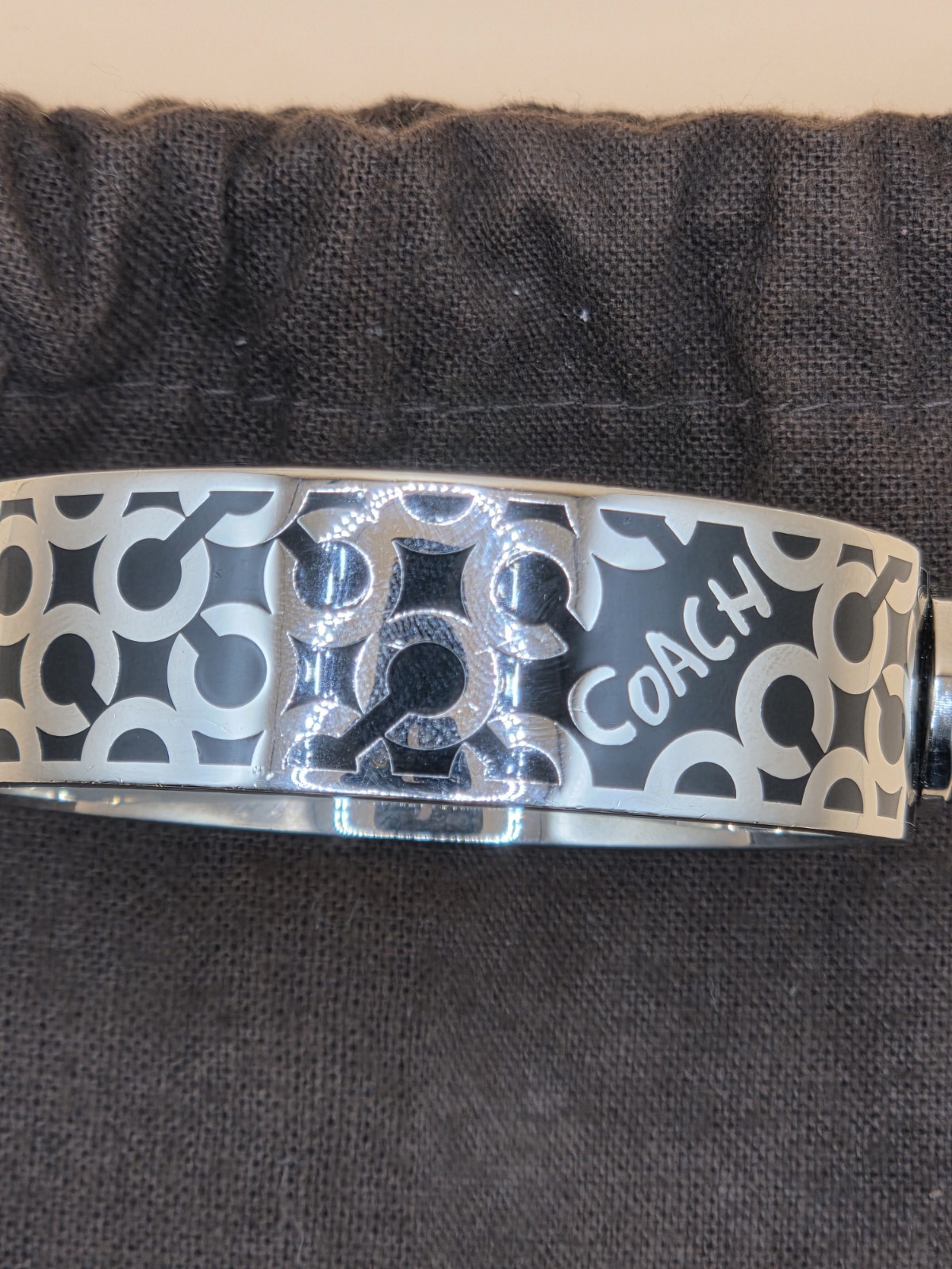 Coach Silver Tone Black Enamel Signature C Logo Cuff Bangle Bracelet Signed