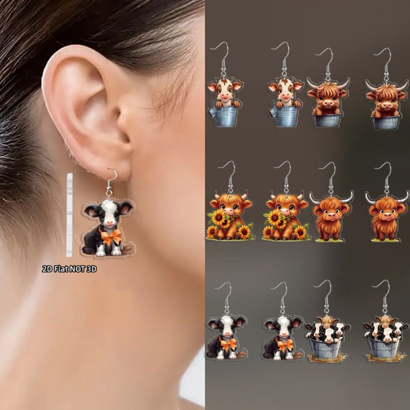 6Pairs Cute Cow Earrings Set Acrylic Dangle Earrings Farm Animal Jewelry Gifts