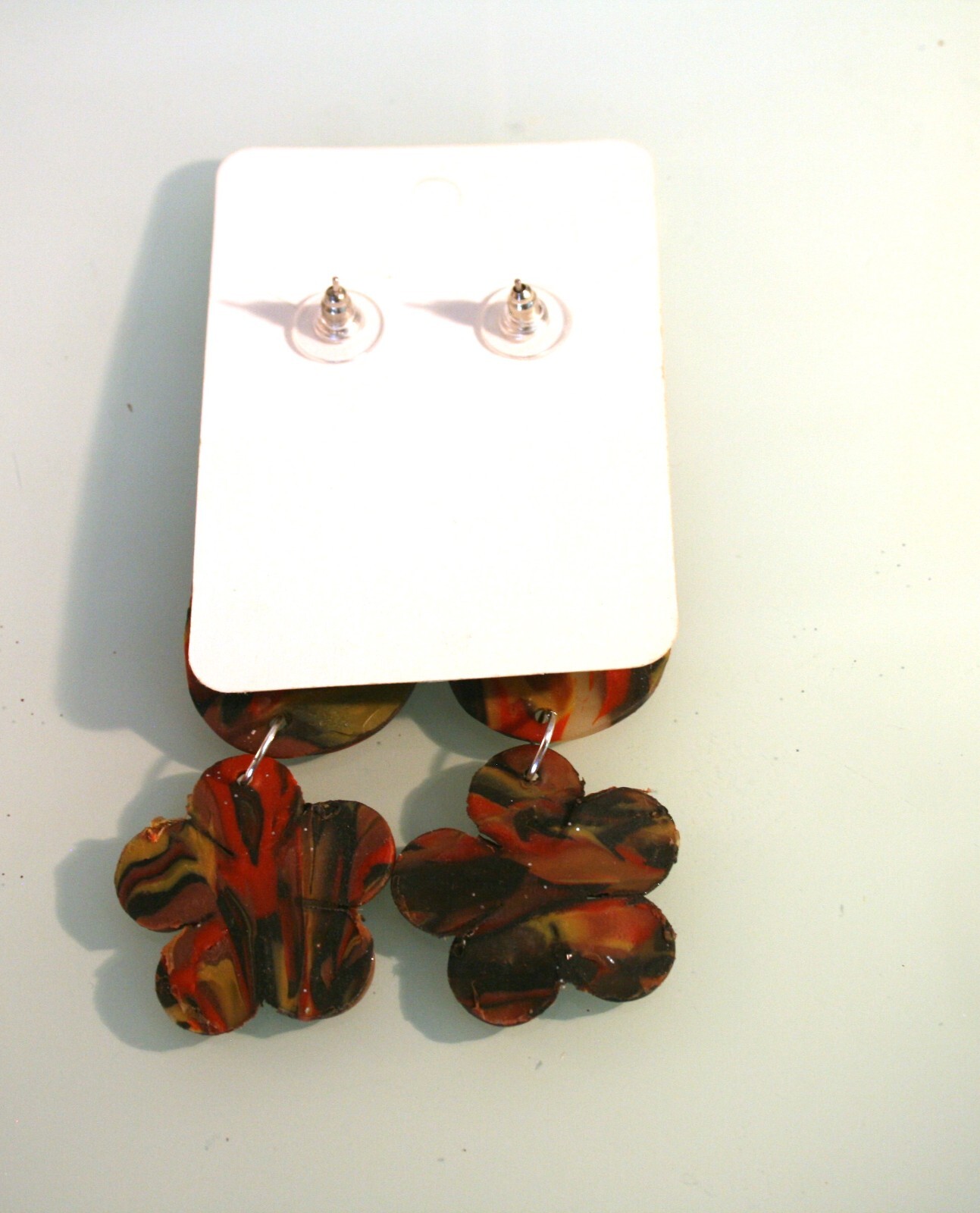Removable stud black, red polymer clay triple geometric dangle earrings 3 1/2″