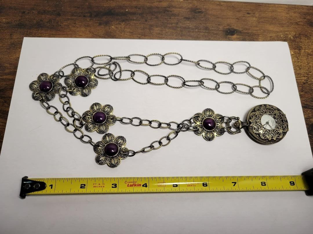 Amy Kahn Russell Pocket Watch Necklace 36” Bronze Floral READ DESCRIPTION PLEASE