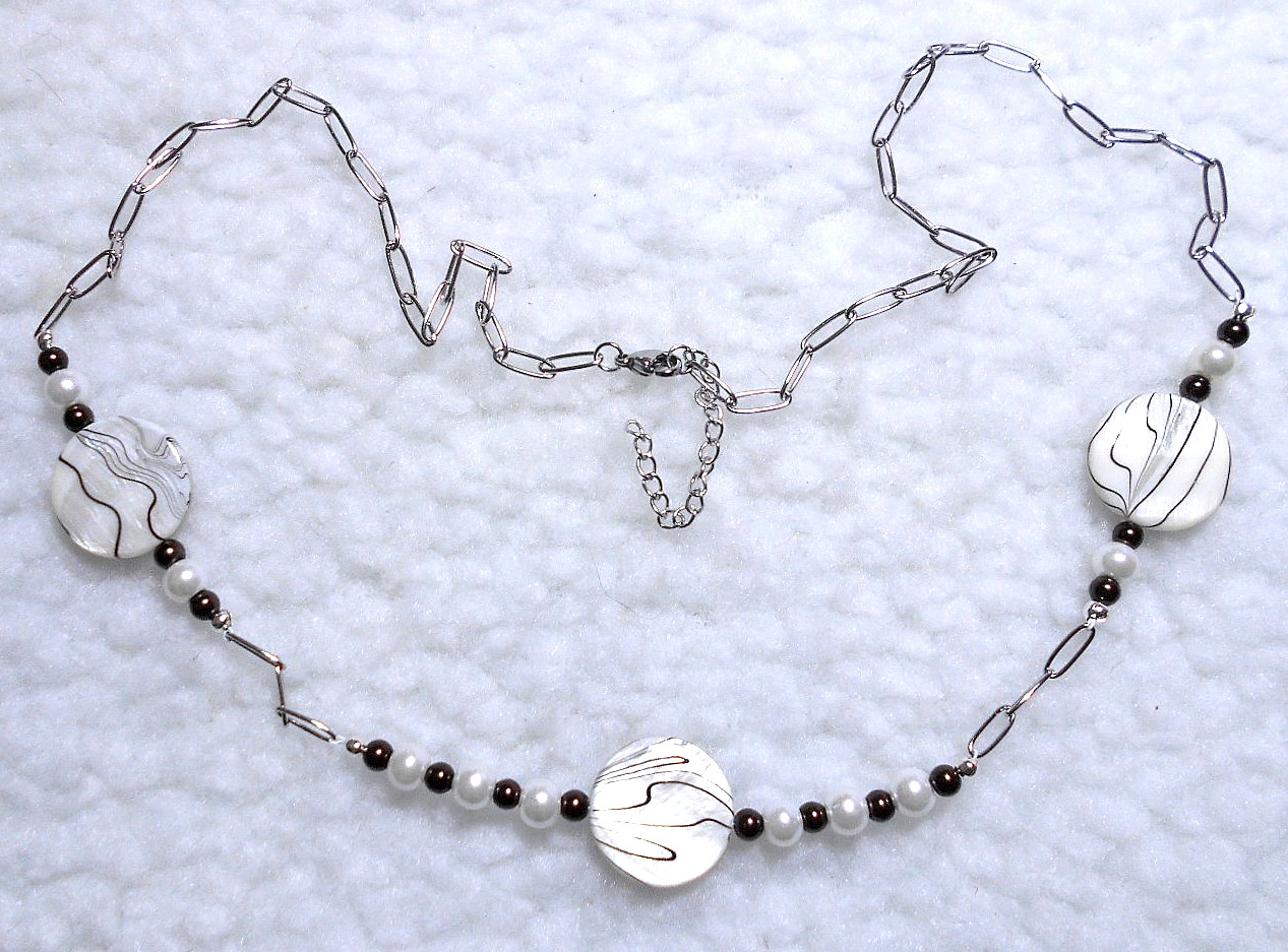 Shell discs, Glass Pearls, 24″, 61cm adjustable, Necklace. Handmade.