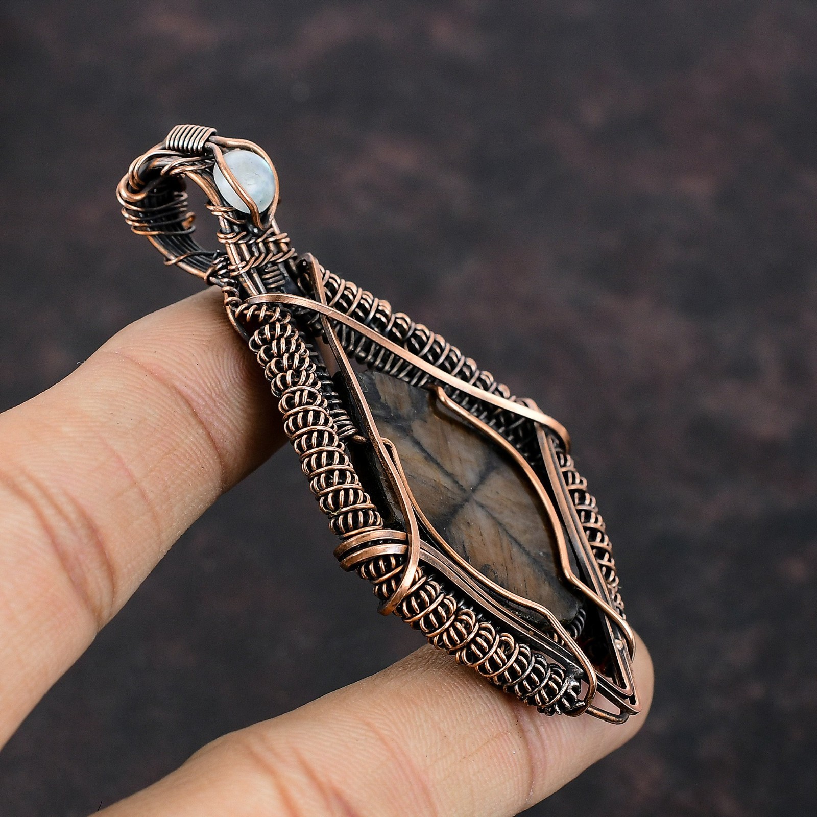 Copper Chiastolite Gemstone Rainbow Moonstone Wife Wire Wrapped Pendant Jewelry
