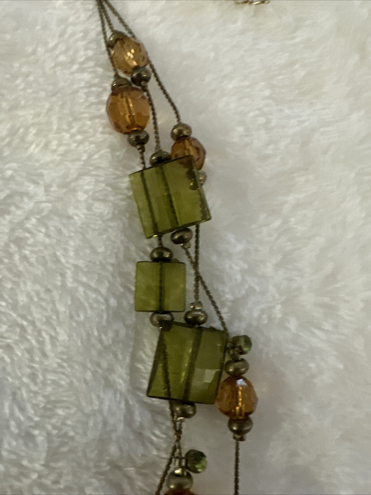 Layered Necklace Multi Strand Beaded Olive Peach Brass Color Chain Square 10”