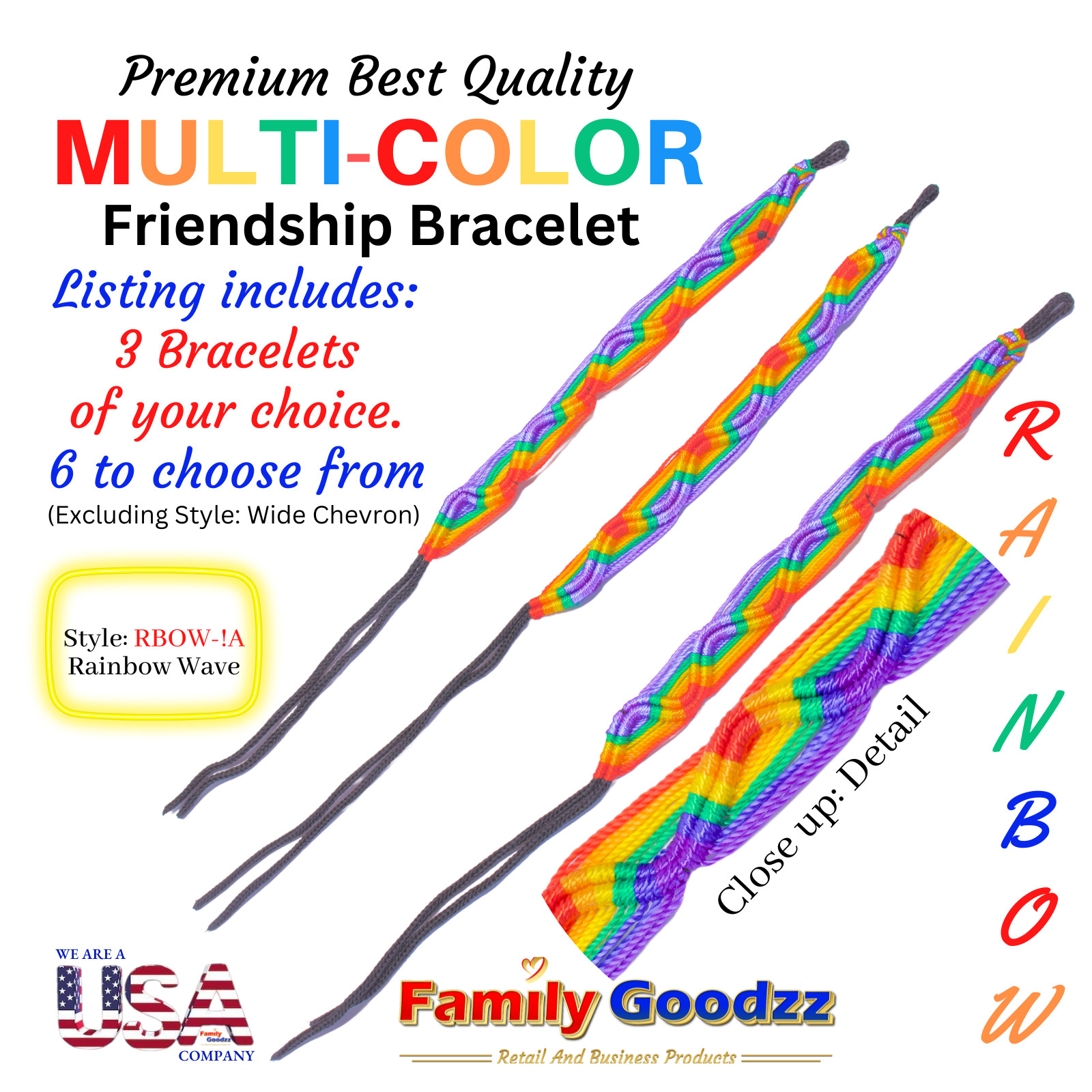 🌈 Threaded Hand Woven Rainbow Friendship Bracelet Bob Marley Rasta, USA (3 pcs)