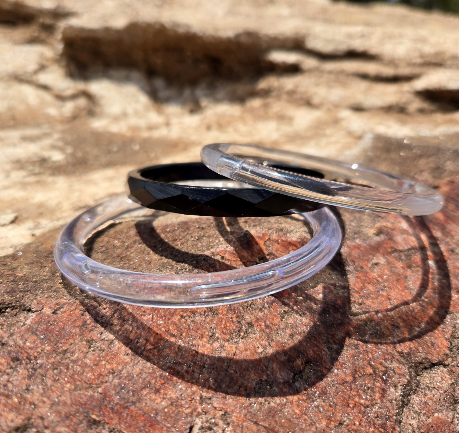 Custom Lot 3 Bangle Bracelets Clear with Bubbles and Diamond Cut Black Plastic