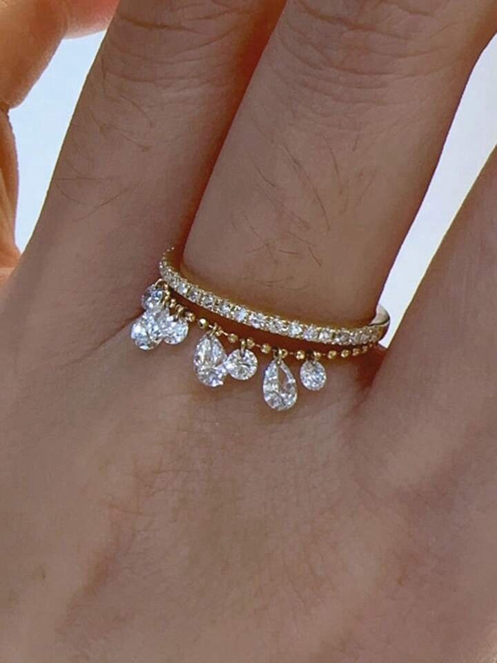 Adjustable Cubic Zirconia Tassel Stackable Ring 2pcs Galaxy Teardrop Cz Ring