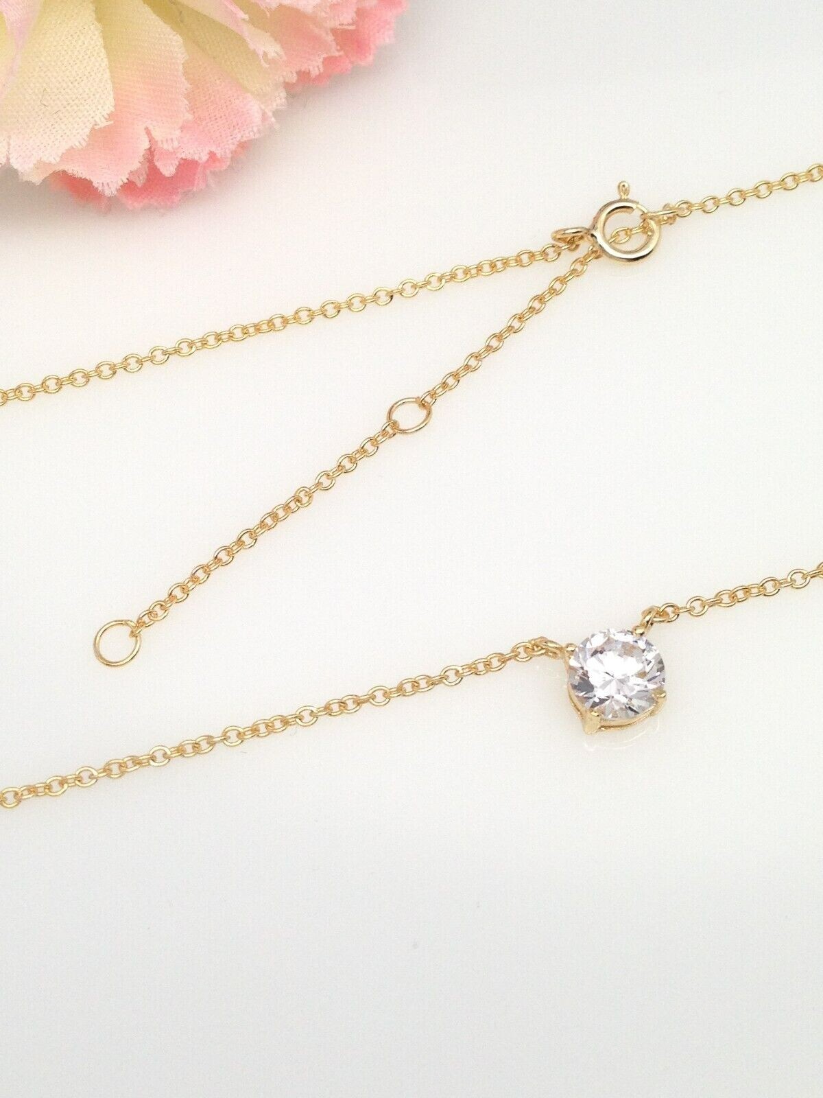 925 Sterling Silver CZ Round Solitaire Pendant Necklace Women 5.8mm 17.25″ Gold