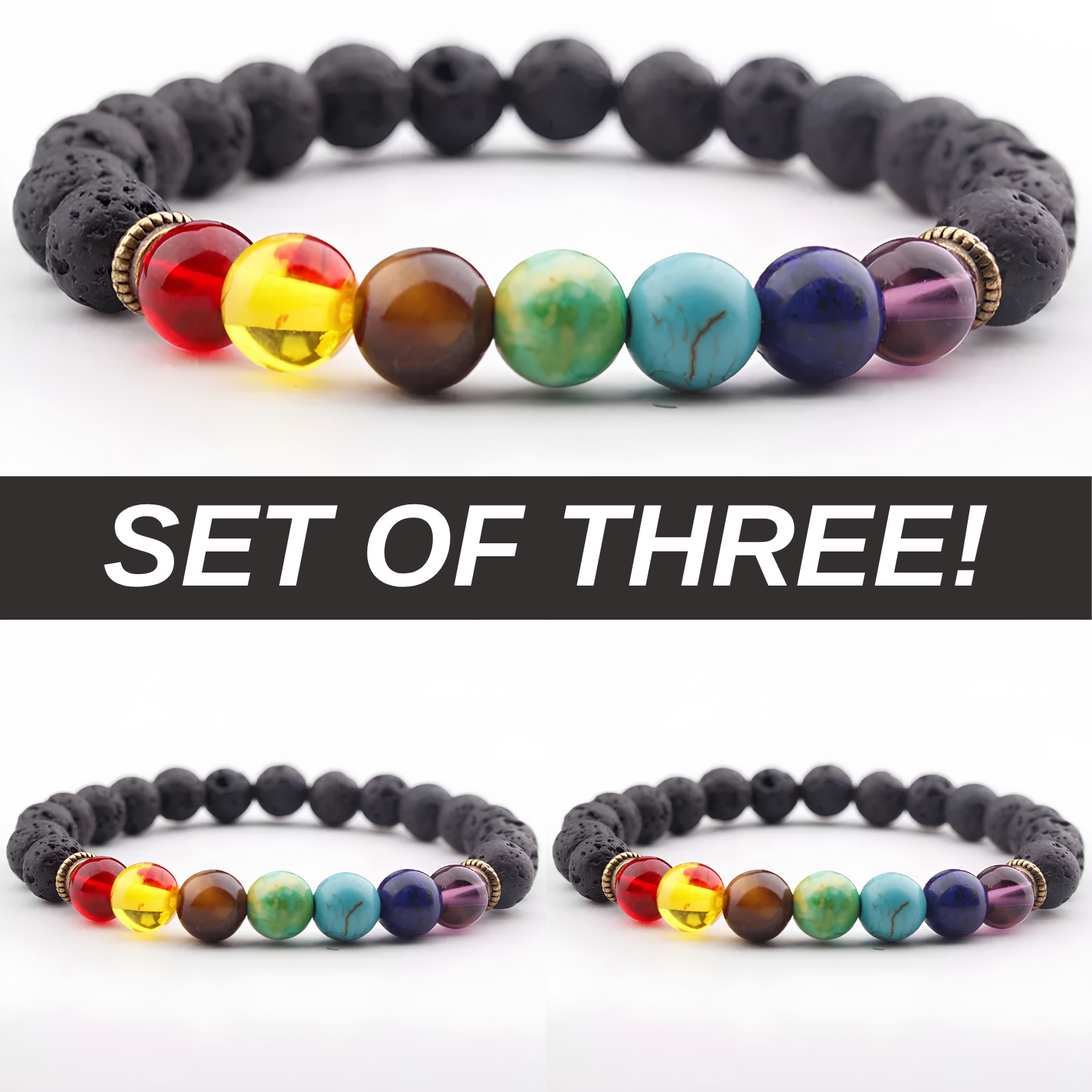 7 Chakra Healing Beaded Natural 8mm Lava Stone with Crystal Bracelet – 3pcs -NWT
