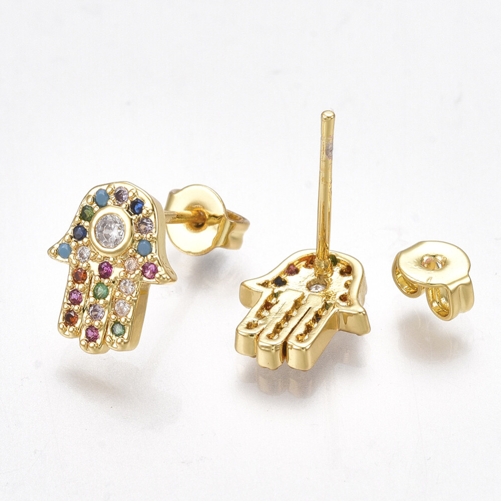 Zirconia Earrings Studs Hamsa Hand of Fatima Miriam Gold 11x9mm Pin 0.7mm  P638