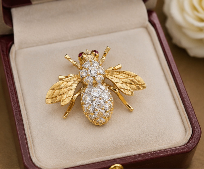 Elegant 3.00Ct Simulated Diamond Unisex Bee Brooch Pin – 14K Yellow Gold Plated