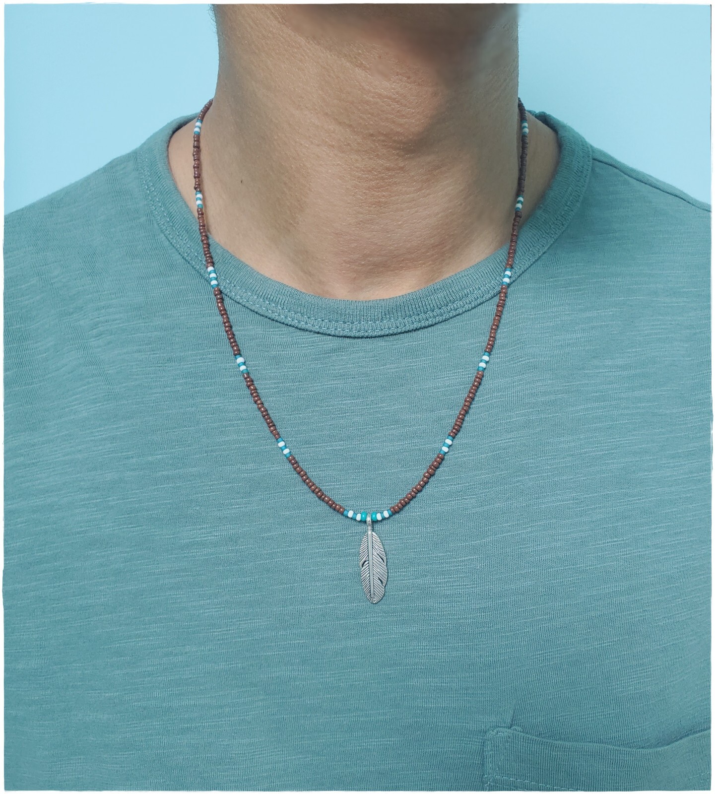Brown & Turquoise Seed Bead Men Necklace 18 in Feather Pendant Necklace