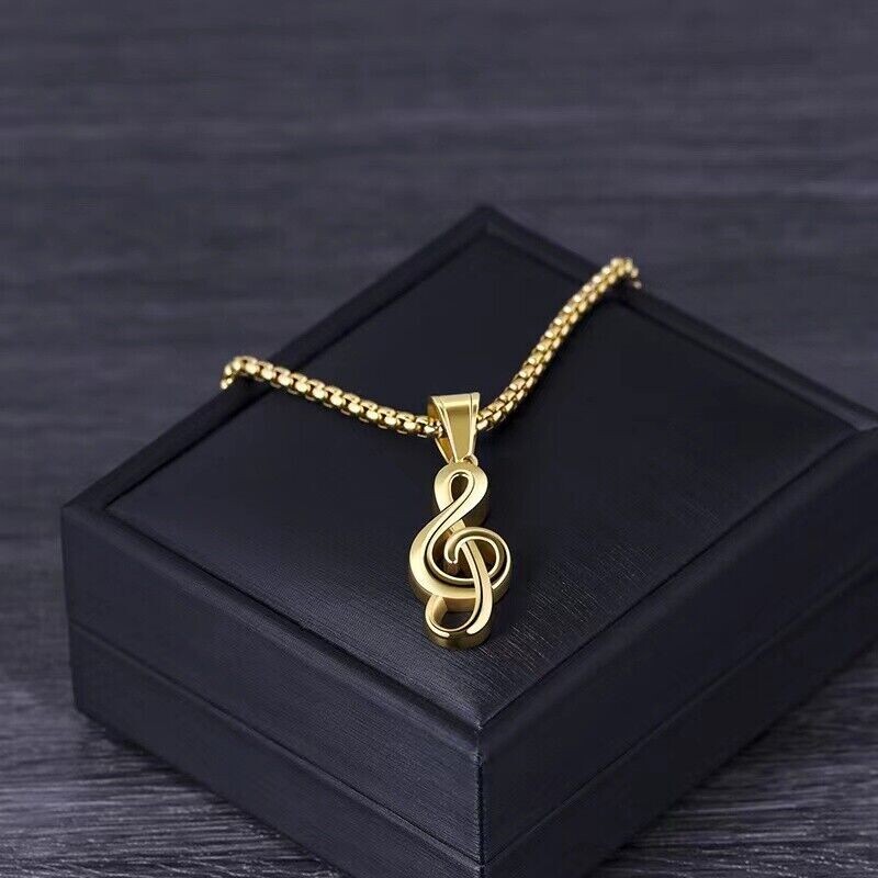 Gold Music Note G Treble Clef Pendant Necklace with Chain 24″ Mens Womens
