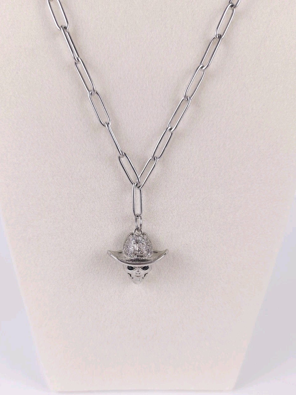 Dalmata Silvertone Chain Necklace with Cowboy Hat Skull Drop Pendant