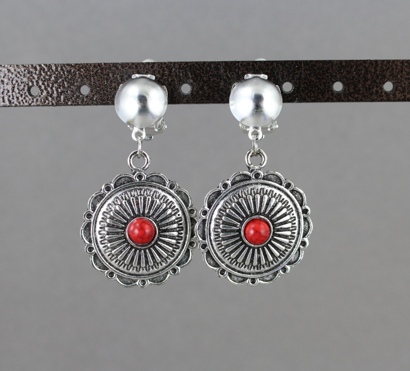 Silver Clip On earrings round medallion pendant clips lightweight 1 7/8″ long