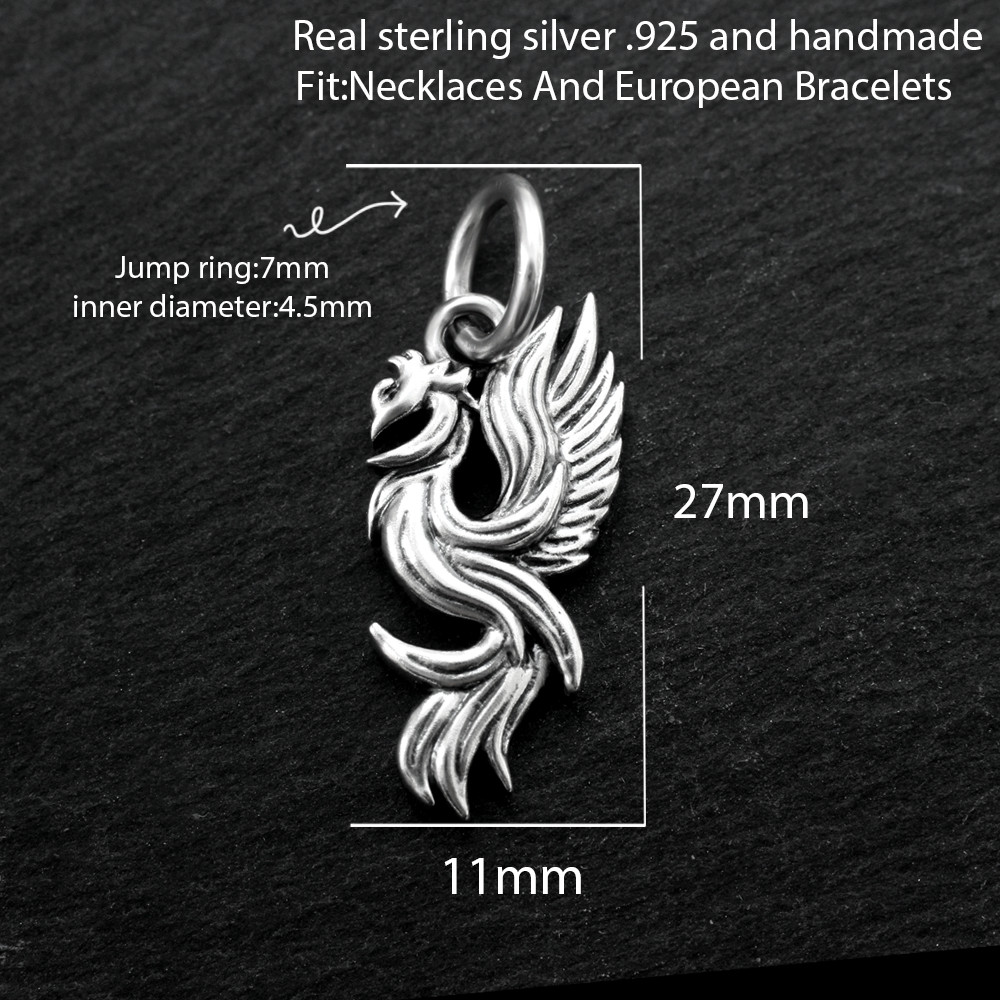 925 Sterling Silver Phoenix Pendant Flames Fire Bird Ashes Charm For Necklace