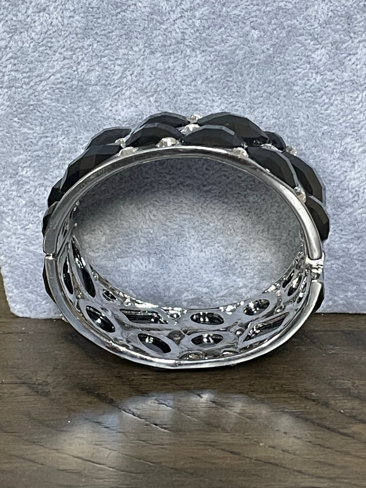 Black lucite Bead And clear crystal On Wide Silver Tone Hinge Bracelet