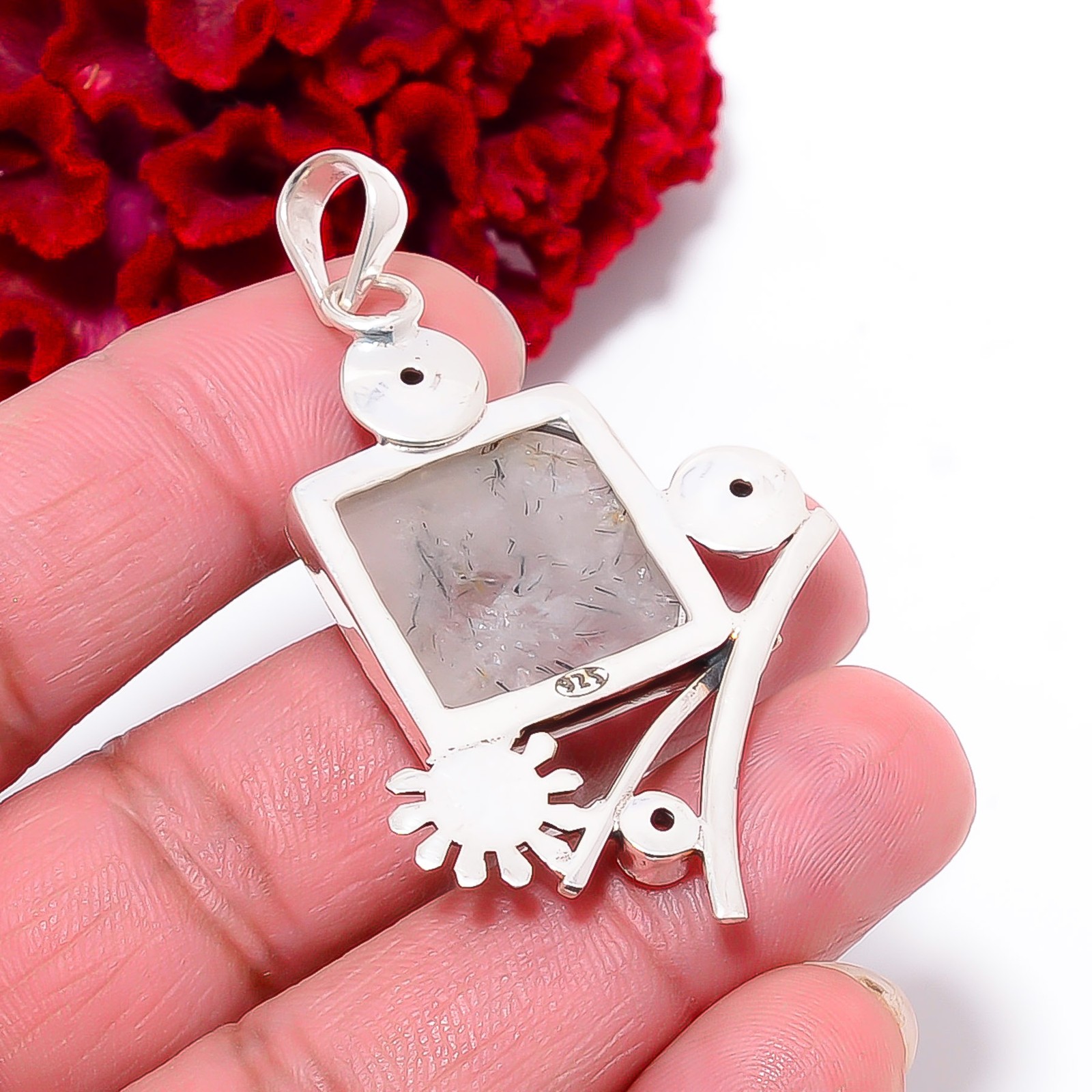Black Rutilated Quartz – Brazil & White Topaz 925 Silver Pendant 2.34″ P10179950