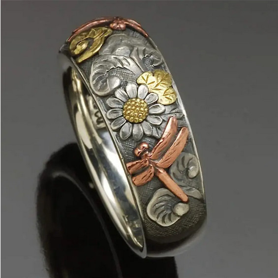 Dragonfly Flowers Stainless Ring Band Floral Nature Jewelry 3-Tone