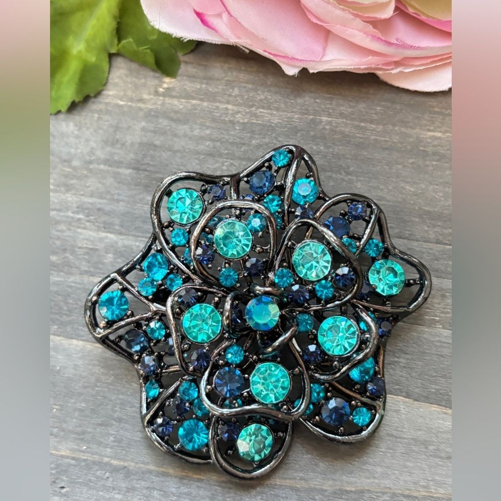 Large Blue and Teal Rhinestone Brooch with Rhodium Finish