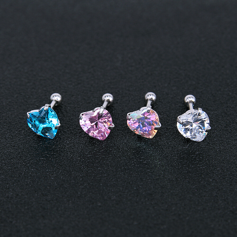 16G Heart Shpae CZ Stud Earrings Stainless Steel Helix Conch Cartilage Piercing