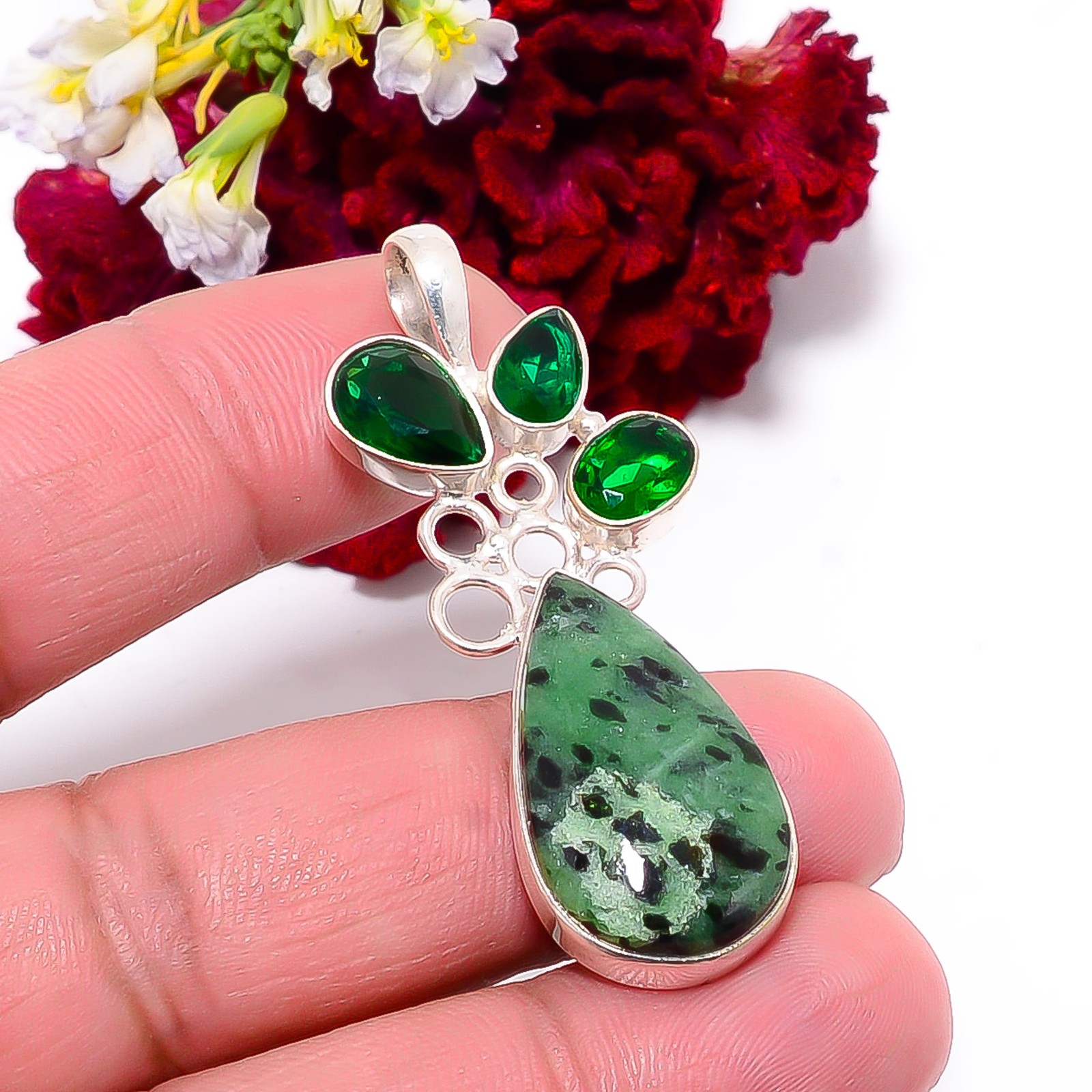Natural Ruby With Zoisite & Chrome Diopside 925 Silver Pendant 1.95″ P101729635