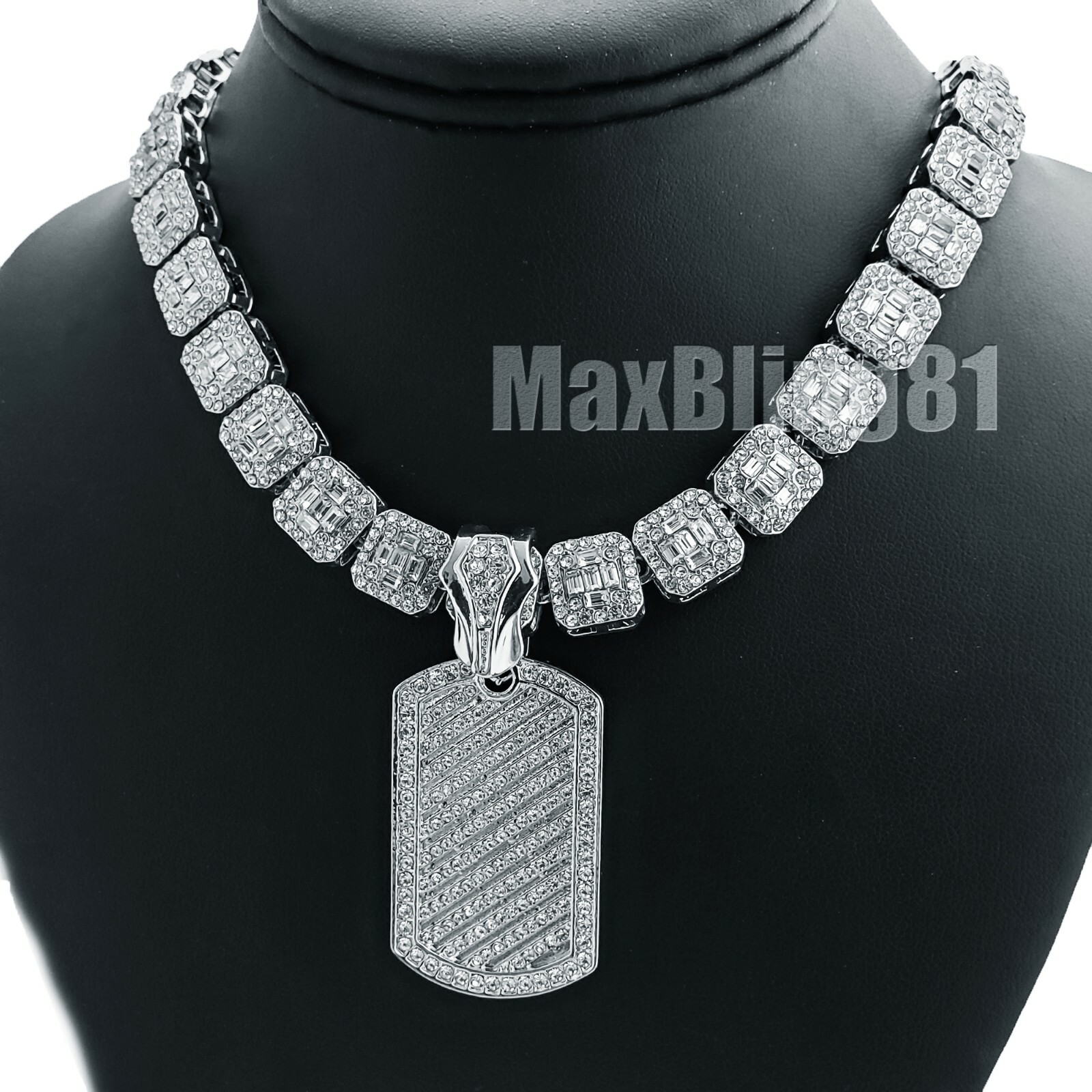 Dog Tag Pendant & 16″ 18″ Iced Baguette Stone Choker Chain Hip Hop Necklace