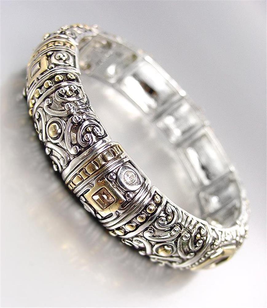 NEW Designer BALINESE Silver Gold Filigree Smoky Brown Crystals Stretch Bracelet