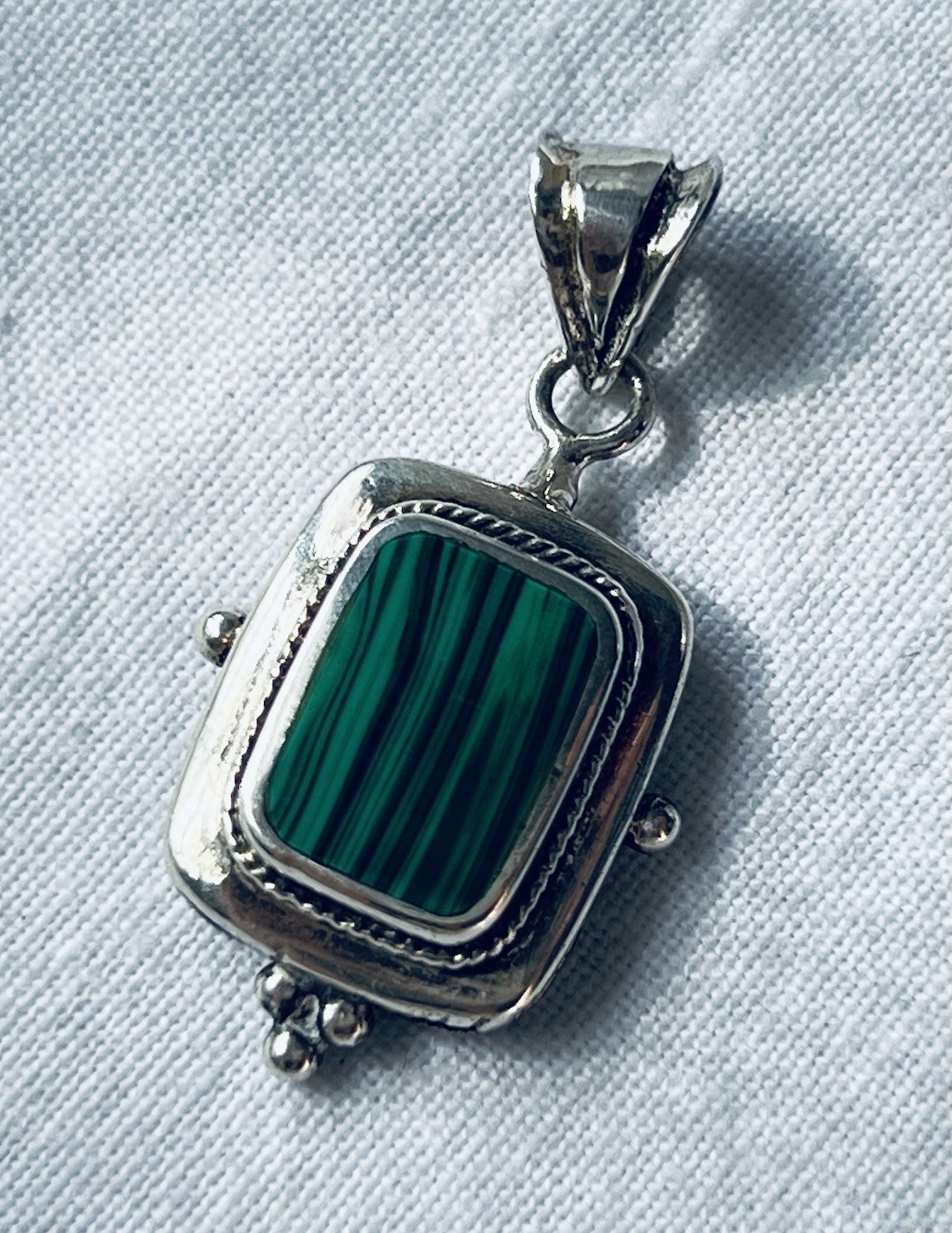 Small Silver-tone Pendant with Green Stone (Possibly Malachite?)