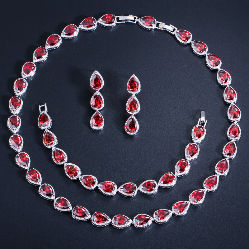 Silver Plated Bridal Wedding CZ Drop Necklace Bracelet Earrings Set for Women