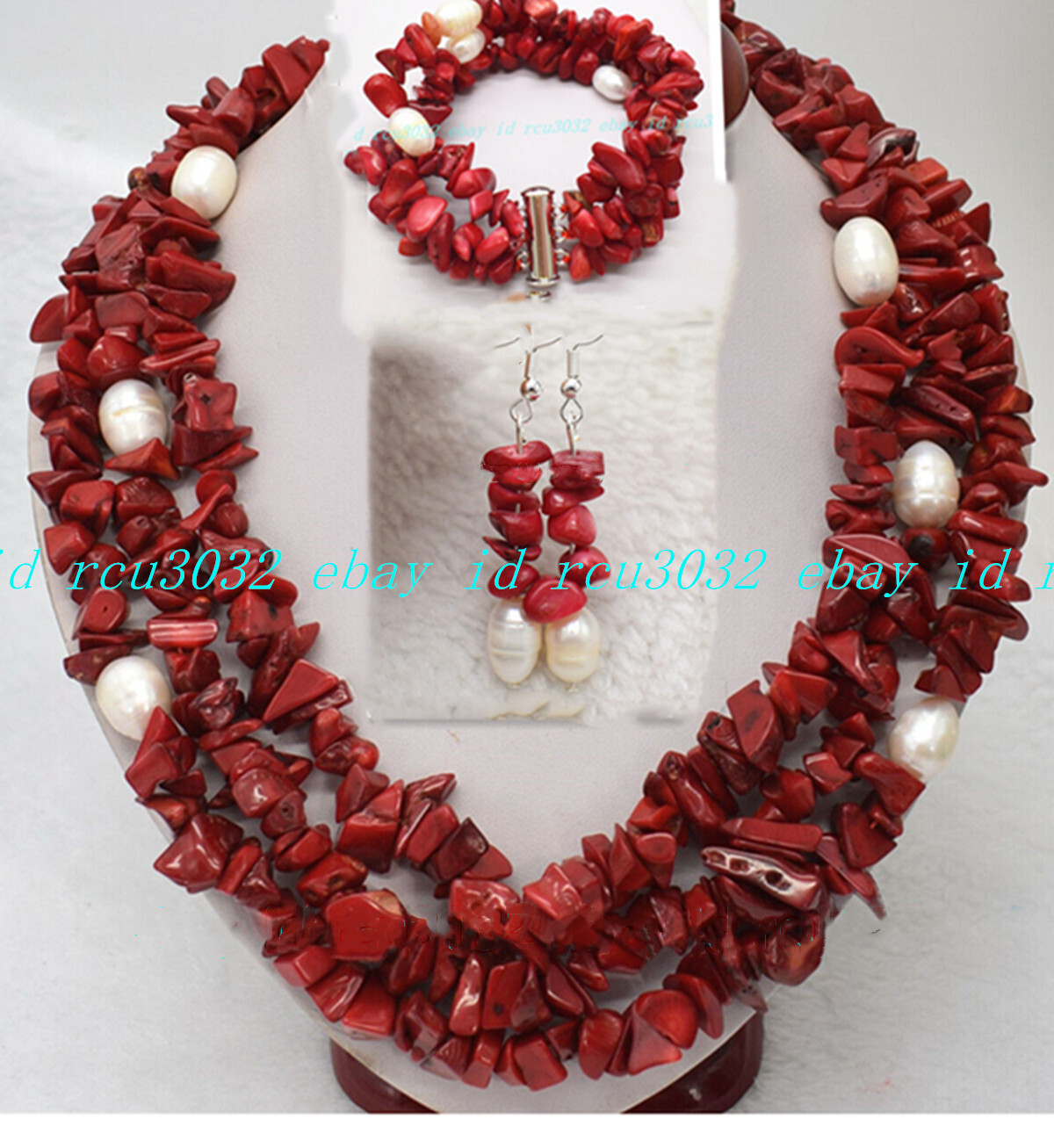 Natural 3 Rows Red Coral Gravel Gems White Pearl Necklace Bracelet Earring Set