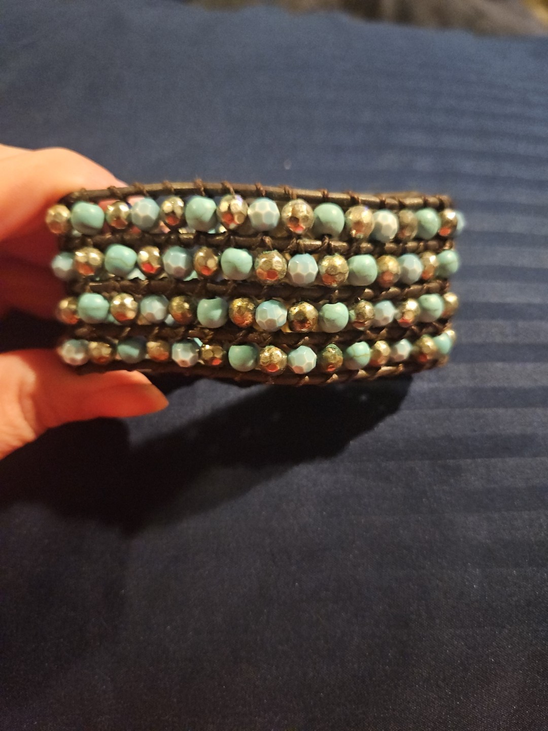 Turquoise Silver Bracelet Beaded Yik Fung Snap Closure Wide Cuff Faux Leather 9″