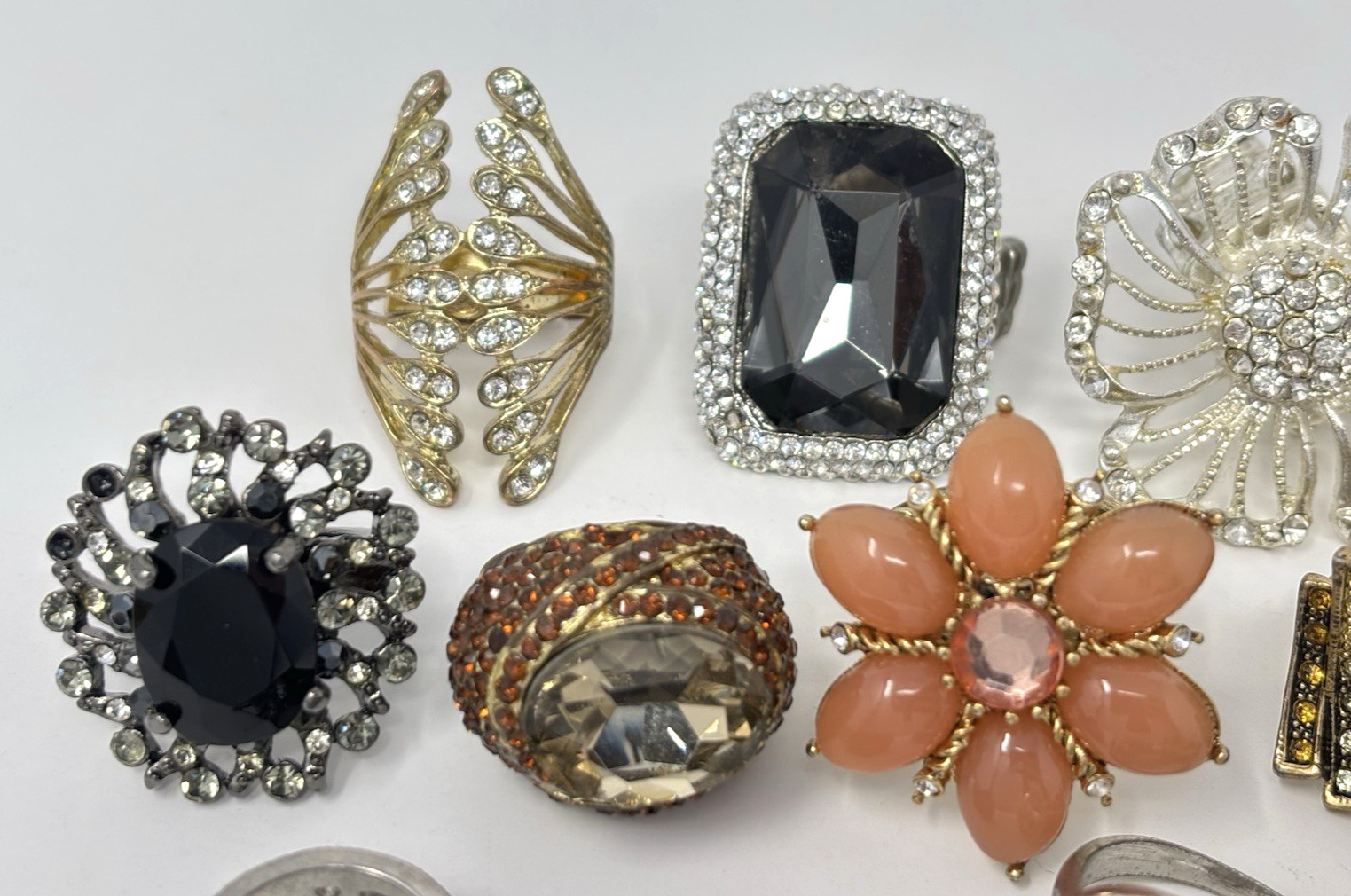 Rhinestone Cocktail Statement Costume Ring lot (15) Rings Mixed Flower Oversized