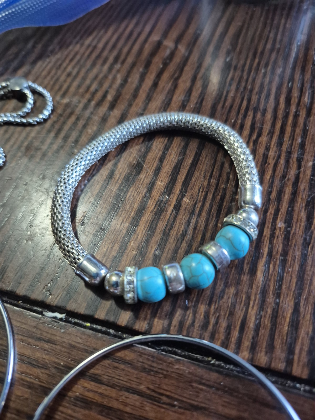 Silver Tone Beaded Charm Bracelet w/ Blue Beads & Engraved Dangle Bar
