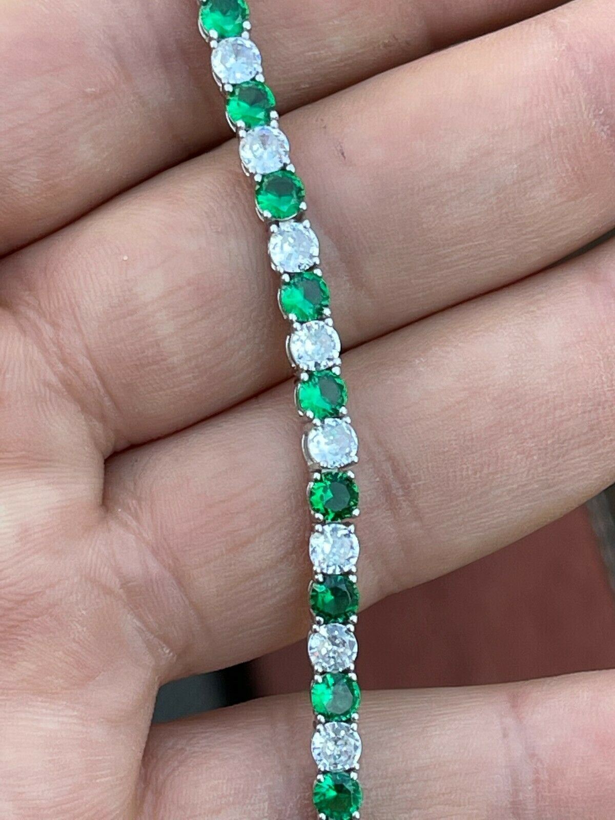Tennis Bracelet SOLID 925 Sterling Silver Iced Simulated Diamond & Green Emerald