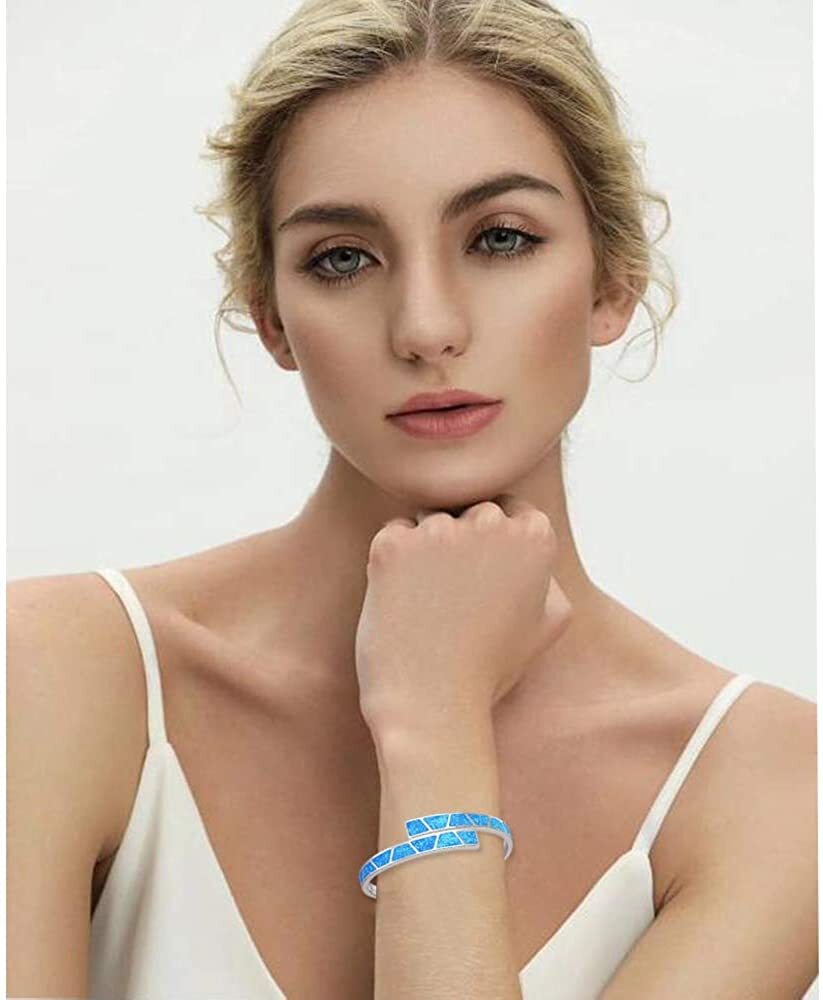 Blue Opal Double Layer Cuff Bangles 925 Sterling Sliver Jewelry For Women Girl