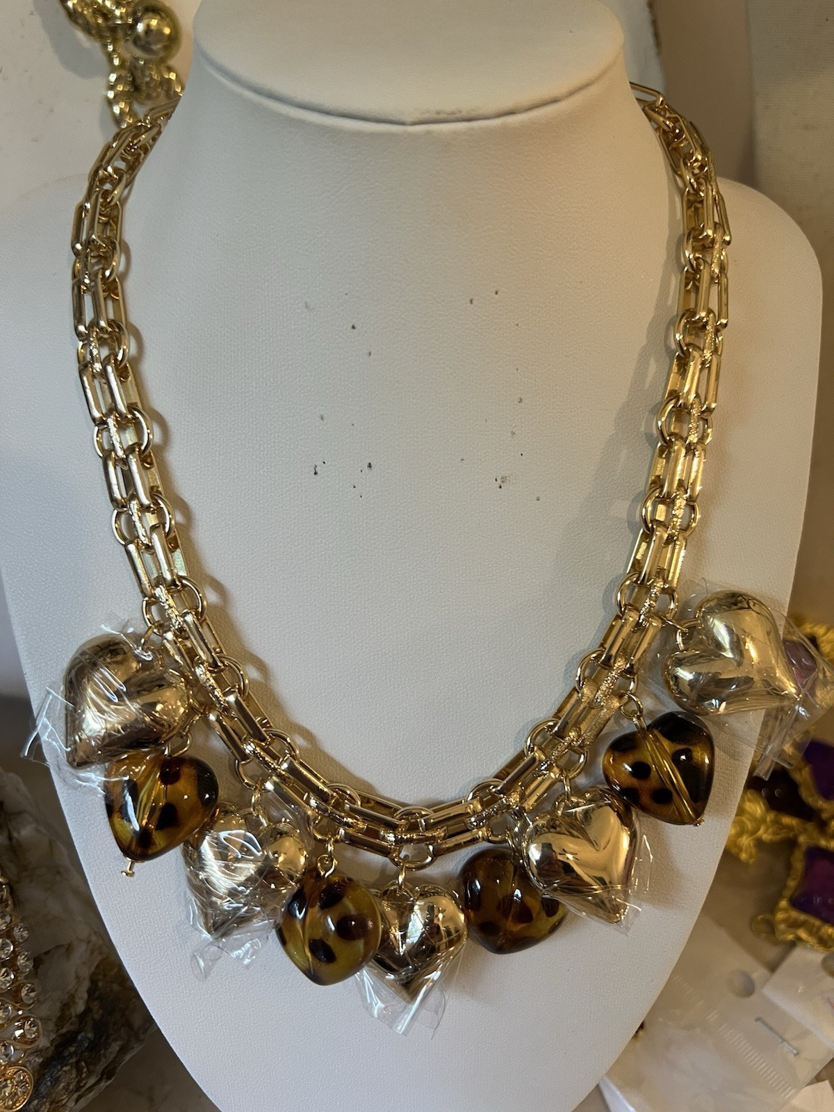 Gold Tone Bar Link Chain Statement Necklace w/ Dangle Charm Pendant
